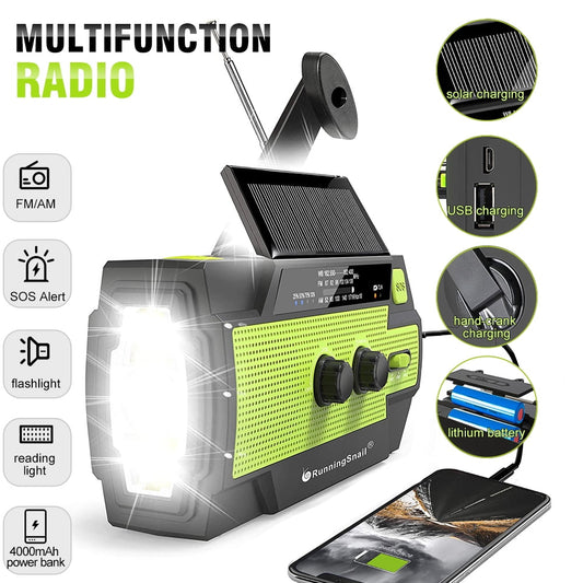 Emergency Crank Weather Radio, 4000mAh Solar Hand Crank Portable AM/FM/NOAA Radio with 1W 3 Mode Flashlight & Motion Sensor Reading Lamp, Cell Phone Charger, SOS for Home and Emergency
