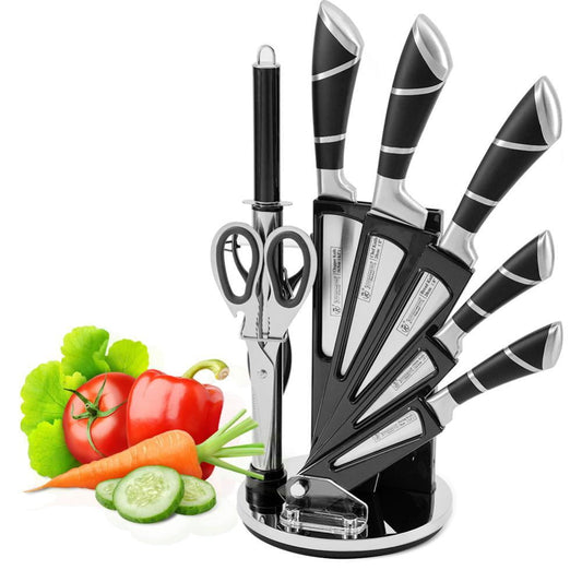 Kitchen Knife Set,DFITO 8-Pieces Sharp Non-Stick Coated Chef Knives Block Set,Stainless Steel Knife Set for Kitchen with Sharpener for Cutting Slicing Dicing Chopping (Black)