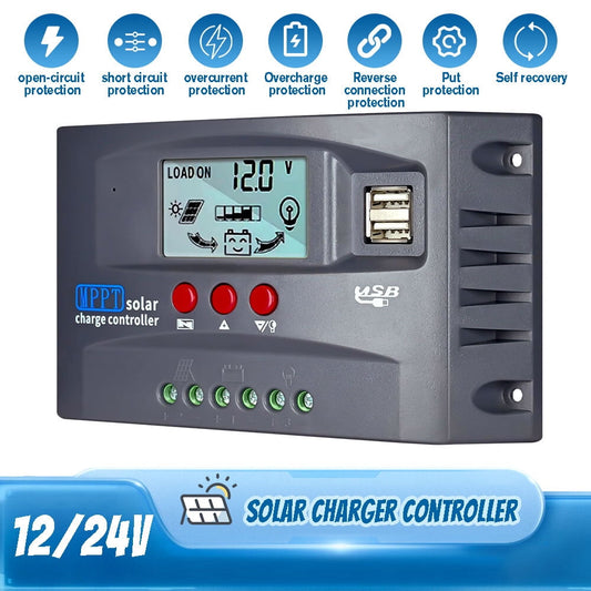 60A Solar Charge Controller,DFITO 12V/ 24V Solar Panel Regulator with Adjustable LCD Display Dual USB Port Timer Setting PWM Auto Parameter