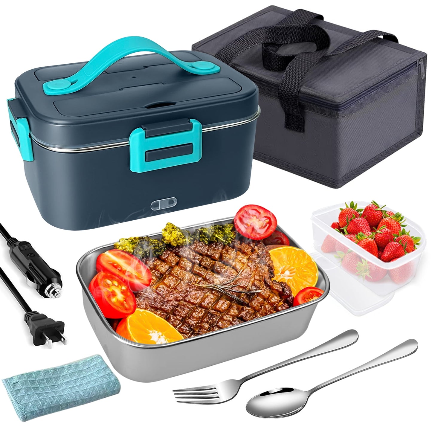 Electric Lunch Box for Adults,DFITO Fast 75W Heated Lunch Box for Adult 12/24/110V Portable Food Warmer Lunch Box for Car,Truck,Office,Home 1.8L Durable Leakproof (Blue)