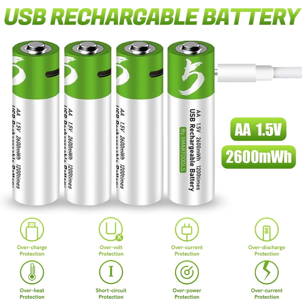 USB Rechargeable AA Batteries,DFITO Lithium Ion 1.5v Constant Output 2600 mWh Large Capacity Double A Batteries Charges Under 2 Hours,USB Charging Cable, 4-Pack