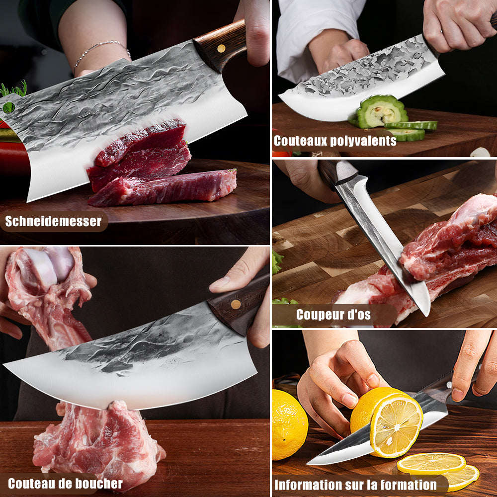 7 Pieces Butcher Knife Set with Roll Bag,DFITO Chef Knife Set for Meat Cleaver Cutting & Viking Knives with Ergonomic Handles, Stainless Steel Hand Forged Kitchen Knife Set for Home, Cooking, Camping