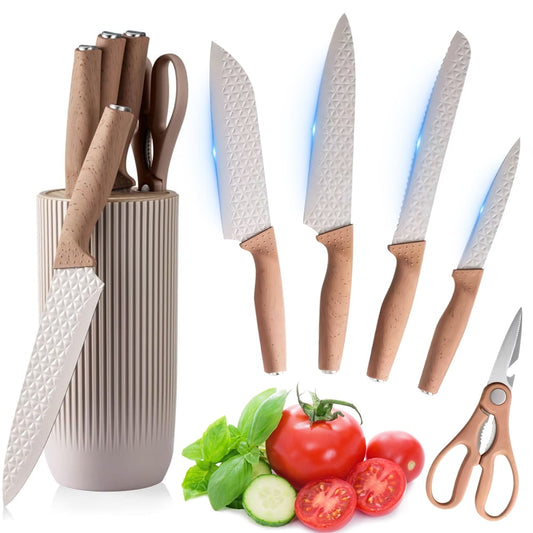 Kitchen Knife Set,DFITO Professional Stainless Steel Knives Set for Kitchen with Universal Knife Block - Sharp, Non-Stick, Ergonomic - Ideal for Chefs and Cooking Enthusiasts(beige)