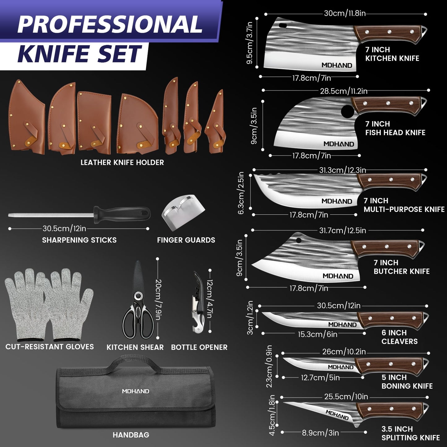 Butcher Knife Set,DFITO 14 PCS Chef Knife Set with Bag, Hand Forged Kitchen Knife Set Meat Cleaver Boning Knife Viking Knife for Kitchen Camping Outdoor BBQ（de）