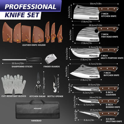 Butcher Knife Set,DFITO 14 PCS Chef Knife Set with Bag, Hand Forged Kitchen Knife Set Meat Cleaver Boning Knife Viking Knife for Kitchen Camping Outdoor BBQ（de）