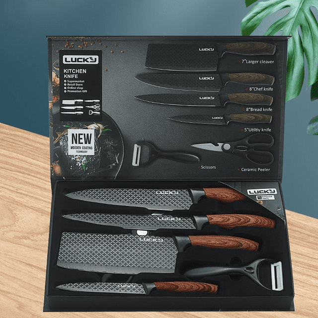 DFITO Knife Set, 6 Pieces Chef Knife Set with Gift Box (8'' Chef's Knife, 8'' Slicing Knife,7'' Kitchen Knife,5'' Universal Knife,Scissors,Skin Scraper),High Carbon Stainless Steel Knife Block Set