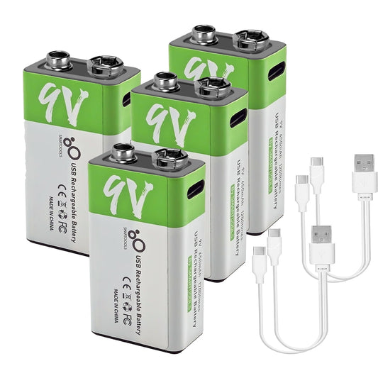 USB 9V Rechargeable Battery 650 mAh Capacity,Square Lithium 9 Vlot Batteries with Type C Port Cable 4 Pack