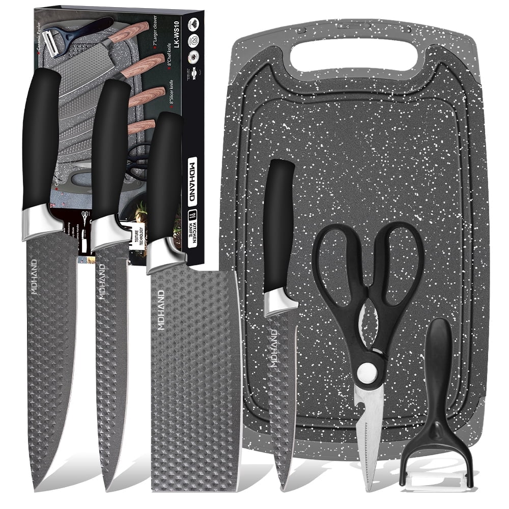 7-Piece Kitchen Knife Set with Cutting Board, Chef Knife, Utility Knife, Scissors, Ceramic Peeler(Black Handle)