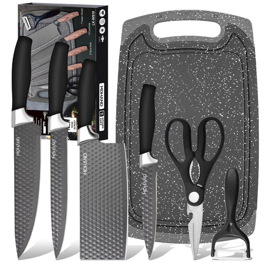 7-Piece Kitchen Knife Set with Cutting Board, Chef Knife, Utility Knife, Scissors, Ceramic Peeler(Black Handle)
