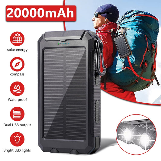 Solar Power Bank,DFITO Portable Charger 10000mAh External Battery Pack Type C Input Port Dual Flashlight, Compass, Solar Panel Charging (Black)