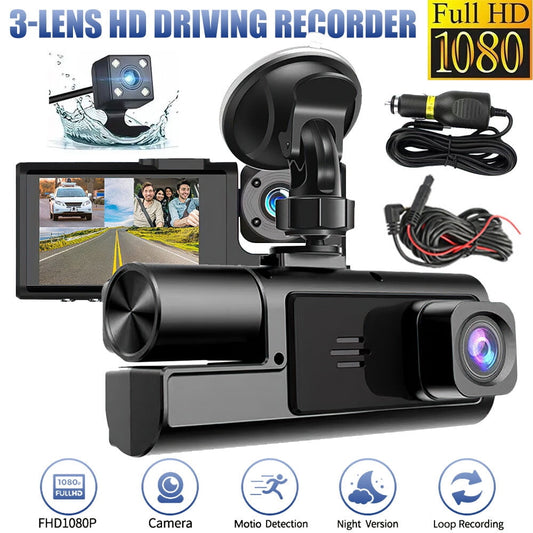 Dash Cam,DFITO 3 Channel Dash Cam, 1080P Dash Cam Front and Inside, Triple Dash Cam, Dash Camera with 32GB Card, G-Sensor, Front Rear Dash Cam Loop Recording