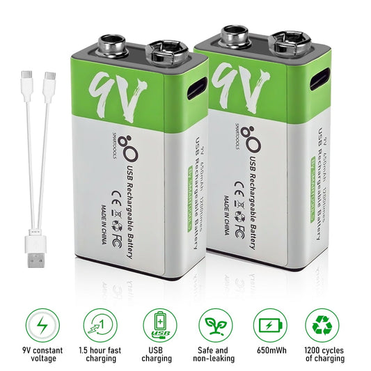 USB 9V Rechargeable Battery 650 mAh Capacity,Square Lithium 9 Vlot Batteries with Type C Port Cable 2 Pack