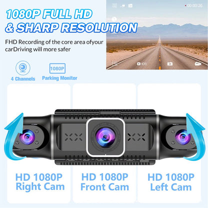 DFITO 4-Kanal-Armaturenbrett-Kamera, 1080P vorne hinten links rechts Auto-Kamera, WiFi-App, Nachtsicht, G-Sensor, Loop-Aufnahme