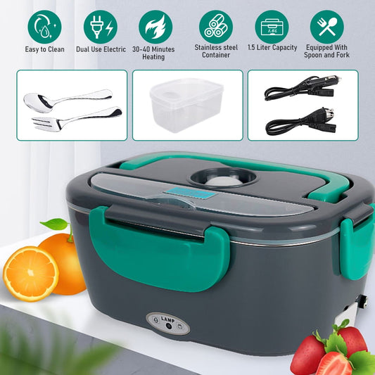 2 in 1 110V 12V Electric Heated Lunch Boxes for Adults,Stainless Steel Portable Food Heater for Car & Home - Leak Proof, Lunch Heating