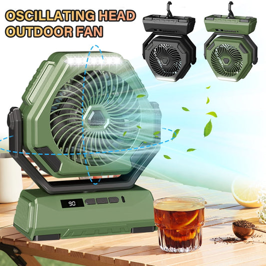 6000mAh Camping Fan with LED Light,DFITO Auto-Oscillating Desk Fan with Hanging Hook, Rechargeable Battery Operated Tent Fan for Travel Home Camping Office,Green