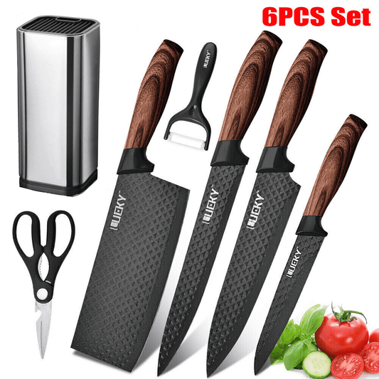 Knife Set with Block, DFITO 6 Piece Kitchen Knife Set, Auto Sharpening Chef Knife Set, High Carbon Stainless Steel Hammer Series Knife Set, Boxed Knife Set