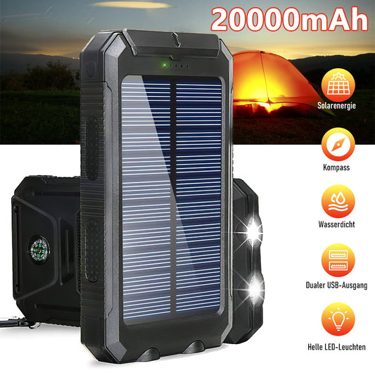 Solar Charger Power Bank, 20000mAh Portable Phone Charger with 2 USB Ports Built-in Dual LED Flashlight, 15W Fast Charging Waterproof Solar Panel Charger for Cell Phone