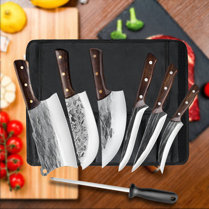 7 Pieces Butcher Knife Set with Roll Bag,DFITO Chef Knife Set for Meat Cleaver Cutting & Viking Knives with Ergonomic Handles, Stainless Steel Hand Forged Kitchen Knife Set for Home, Cooking, Camping