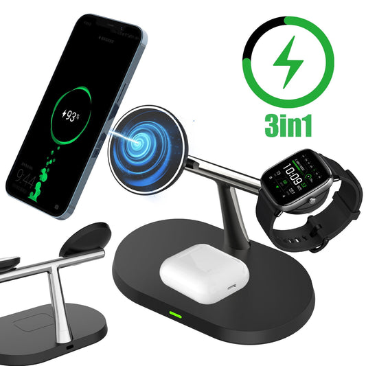MagSafe 3-in-1 Wireless Charging Stand - for iPhone 15/14/13/12 Pro Max/Plus/Mini -DFITO MagSafe Charging Station for Multiple Devices - Black