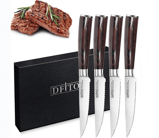 Steak Knife Set of 4,DFITO Premium Smooth Serrated Dinner Knives with Gift Box