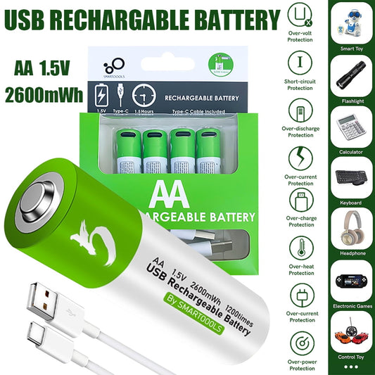 4-Pack AA Type-C Rechargeable Batteries, Recharge up to 1200x, High-Capacity 2600 mWh, Pre-Charged for Camera Toys Tools Household