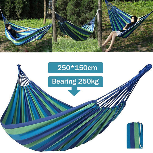 Double Hammock 2 people,DFITO Canvas Cotton Hammock with Carrying bag Travel, Beach, Backyard etc (Blue Stripes)