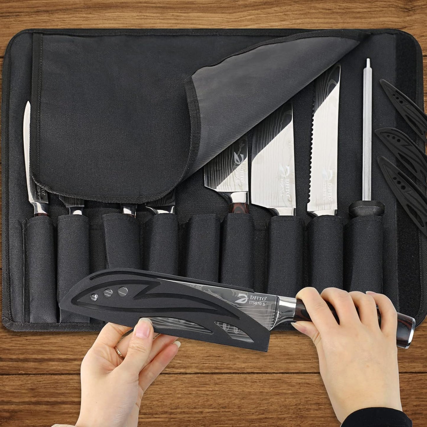Dfito Chef Knife Sets with Roll Bag, 9 Pieces Professional Knife Set, High Carbon Stainless Steel Kitchen Chef Knife Set