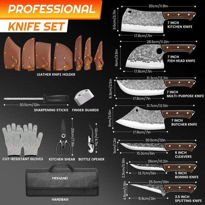 Butcher Knife Set,DFITO 14 PCS Chef Knife Set with Bag, Hand Forged Kitchen Knife Set Meat Cleaver Boning Knife Viking Knife for Kitchen Camping Outdoor BBQ（de）