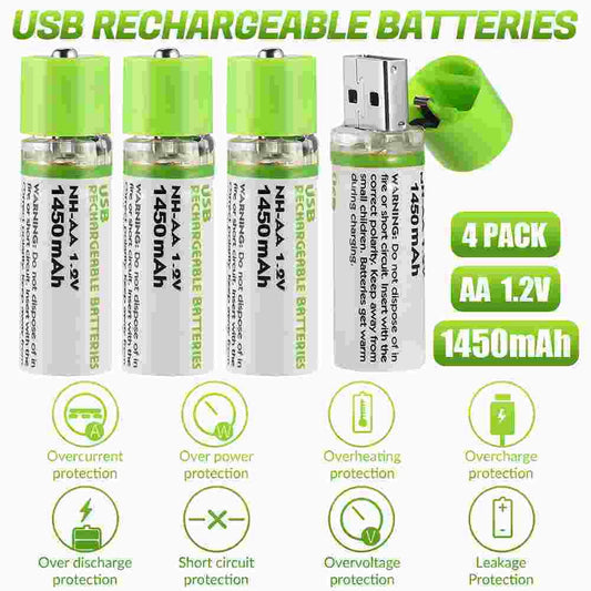 DFITO 4 Pack Rechargeable AAA Lithium ion li-ion Batteries 1.5V 750 mWh USB C cable Type-C Cable