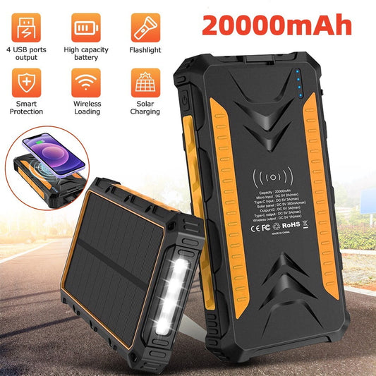 Solar Charger, 20000mAh Portable Solar Power Bank Compatible with iPhone, Samsung Galaxy, and More, Dual Emergency LED Flashlight Perfect for Hiking, Camping