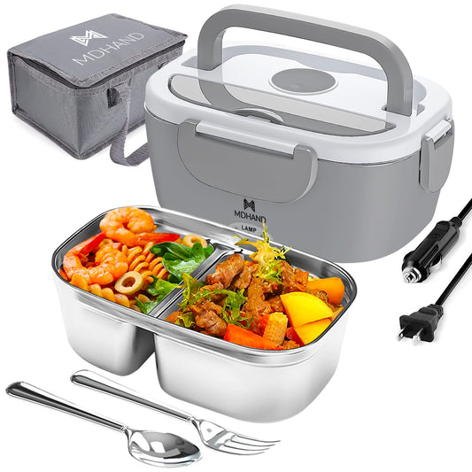 Electric Lunch Box, 65W Portable Food Heater for Adults, Fast Heating Food Warmer for Car Truck Home Office 110V/12V/24V with 1.5L 304 Stainless Steel Container, Fork Spoon and Bag-Grey