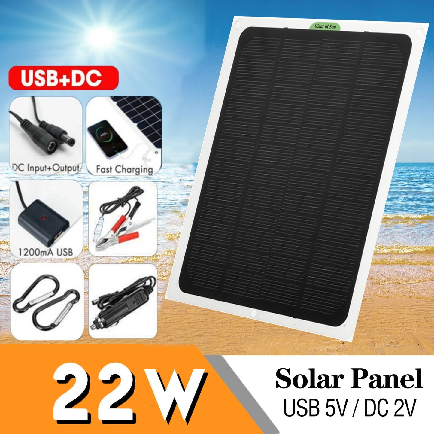 DFITO Solar Panel,22W 12V/5V 2-Port USB PortableSolar Phone Charger with 2x Alligator clip,1x Cigarette lighter,2 Carabiners,1 mountaineering bag,1 Fast Charger, Reinforced and Waterproof