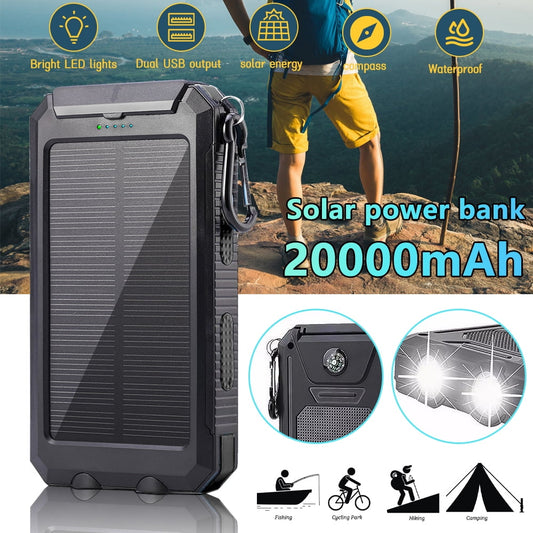 DFITO 10000mAh Solar Power Bank for Cell Phone iPhone, Portable Solar Charger with Dual 5V USB Ports, 2 Led Light Flashlight, Compass Battery Pack for Outdoor Camping Hiking ,Black