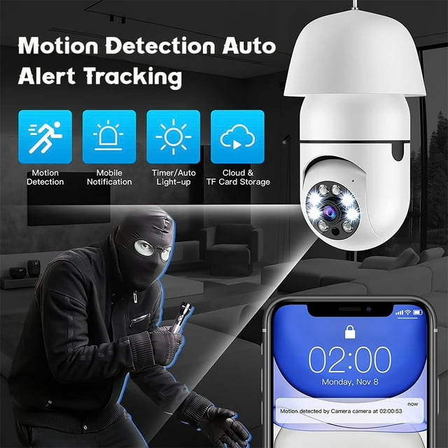 Wifi Surveillance Camera, DFITO Light Bulb Camera, Wireless Waterproof IP65, Automatic Human Tracking Night Vision Security Camera