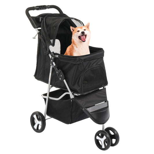 3-Wheels Foldable Pet Stroller w/Cover,DFITO Pet Strolling Cart for Small/Medium Dogs and Cats w/Cup Holder, Breathable Visible Mesh