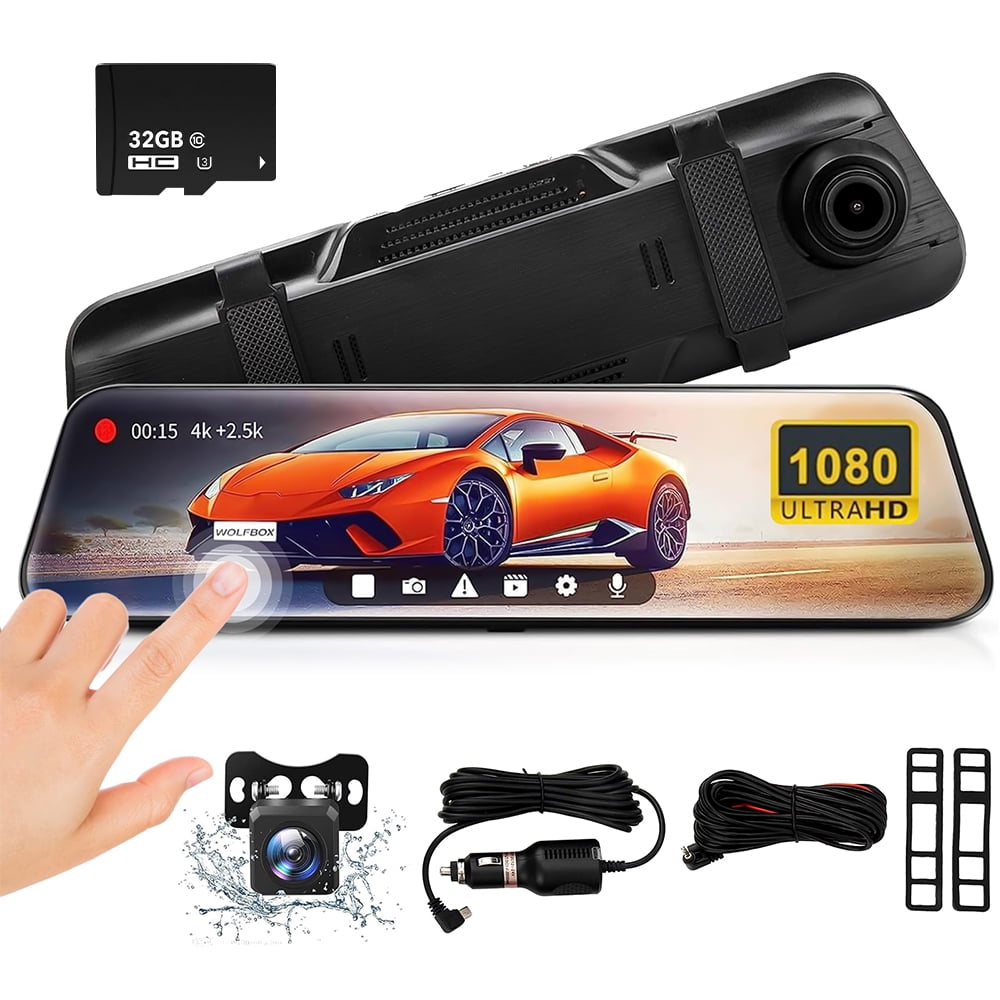 DFITO 10" 1080P FHD Mirror Dash Cam with Full Touch Screen, Front and Rear Backup Camera, Includes 32GB Card