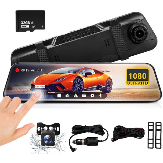 DFITO 10" 1080P FHD Mirror Dash Cam with Full Touch Screen, Front and Rear Backup Camera, Includes 32GB Card