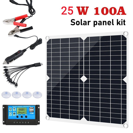 Solar Panel Kit 12V Monocrystalline,DFITO Battery Maintainer with100A Solar Charge Controller,Dual 5V USB Outputs Solar Panel Controller Combo for RV Marine Boat Off Grid System (25W)