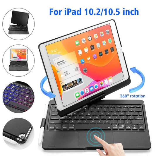DFITO iPad Case with Keyboard, 360¡ã Rotatable Backlit Keyboard with Pencil Holder for 10.2 inch iPad 9th Gen 2021/ 8th Gen 2020/ 7th Gen 2019 and iPad Air 3 / Pro 10.5" -Black