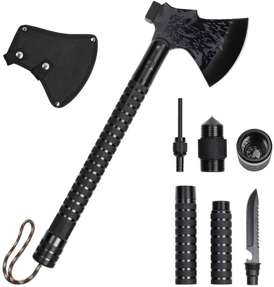 DFITO Camping Axes Kit,Outdoor Survival Tactical Hatchet W/ Sheath/ Hammer/Compass/Flint/Whistle/Fish Scaler Tool,Portable Camp Ax Survival Gear for Camping Hiking Hunting Emergency Expedition, Black