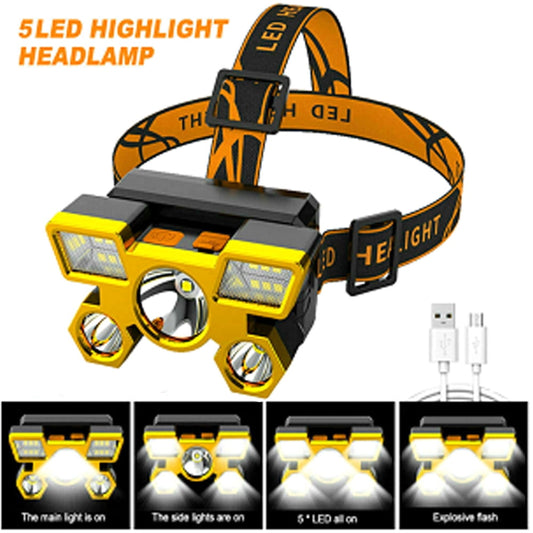 LED Headlamp Rechargeable,DFITO Super Bright Head Lamp with 5 LED Light, 4 Modes Waterproof Headlight for Camping, Hiking, Running, Fishing, Reading