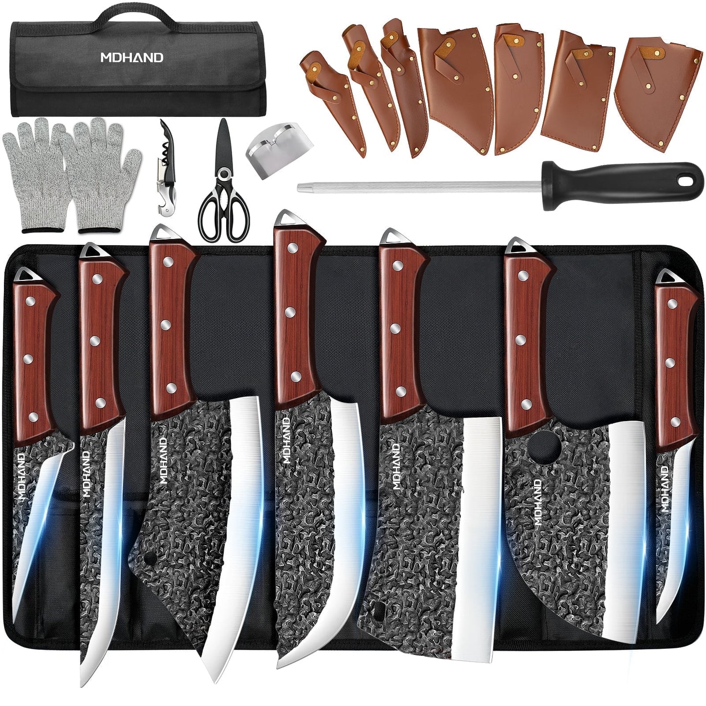 Butcher Knife Set,DFITO 14 PCS Chef Knife Set with Bag, Hand Forged Kitchen Knife Set Meat Cleaver Boning Knife Viking Knife for Kitchen Camping Outdoor BBQ（de）