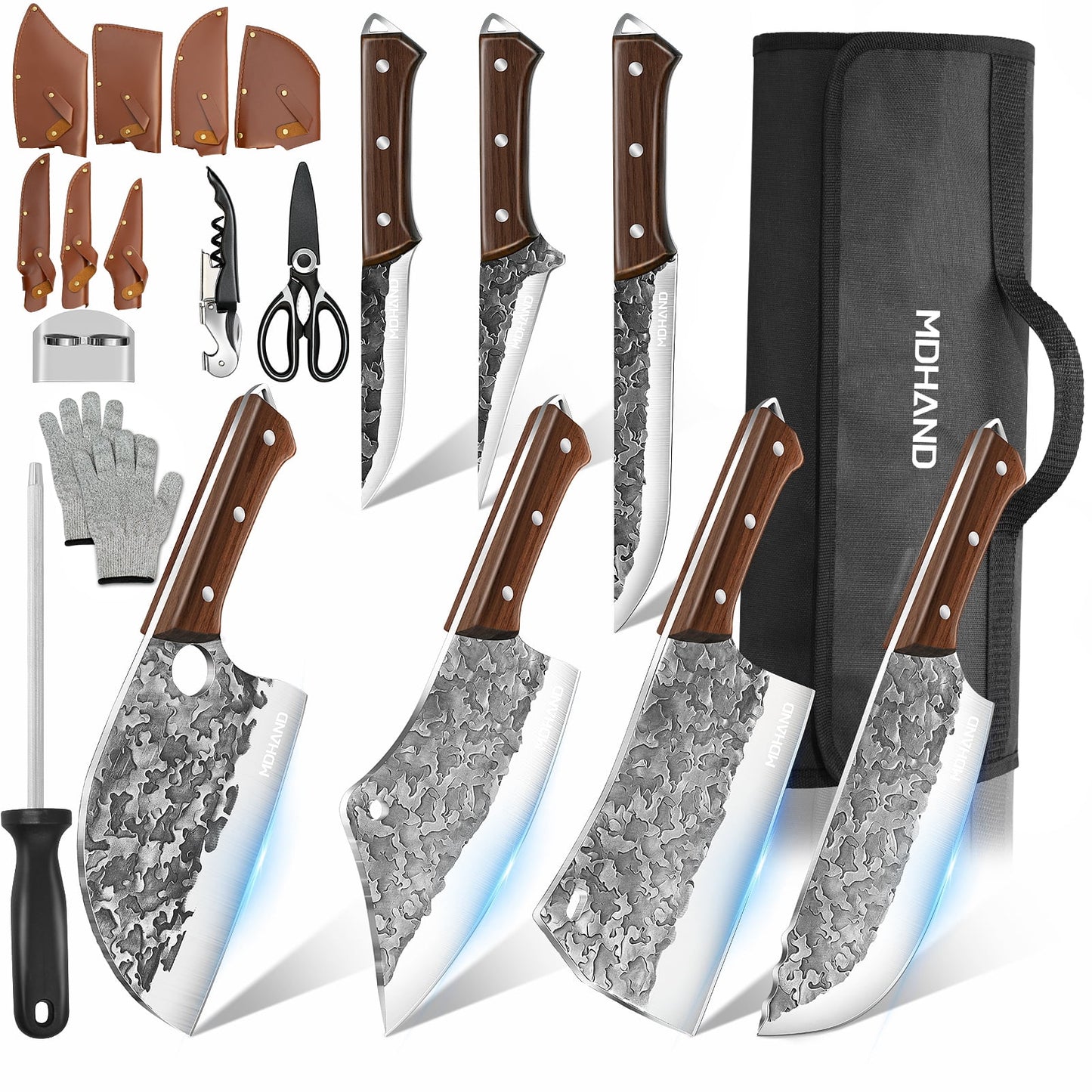 Butcher Knife Set,DFITO 14 PCS Chef Knife Set with Bag, Hand Forged Kitchen Knife Set Meat Cleaver Boning Knife Viking Knife for Kitchen Camping Outdoor BBQ（de）