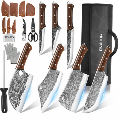Butcher Knife Set,DFITO 14 PCS Chef Knife Set with Bag, Hand Forged Kitchen Knife Set Meat Cleaver Boning Knife Viking Knife for Kitchen Camping Outdoor BBQ（de）