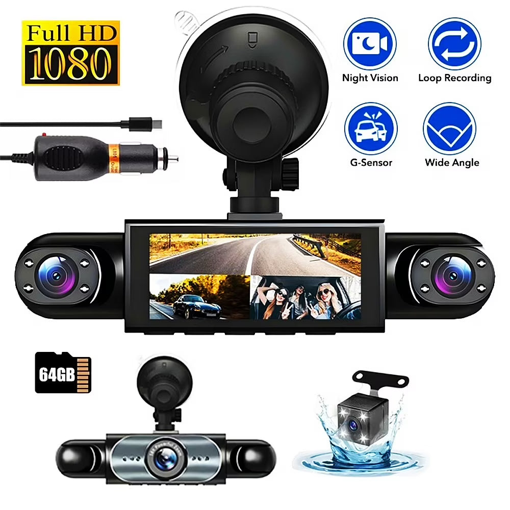 DFITO 4-Kanal Dashcam mit 1080P Front-, Innen- und Rückfahrkamera, Nachtsicht, HDR, Loop-Aufnahme & 24H Parkmodus