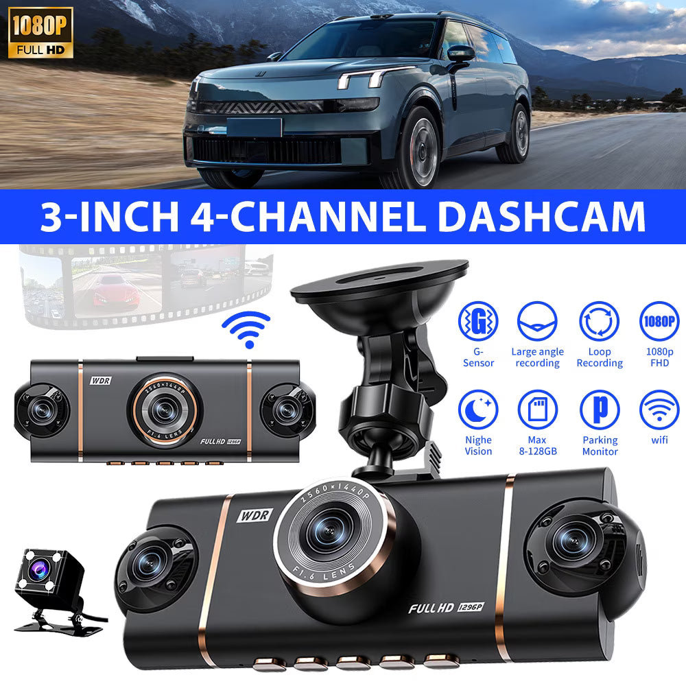 DFITO 4-Kanal Dashcam vorne und hinten innen, 1080P Dashcam für Autos, 8 IR Nachtsicht, APP & WiFi Unterstützung, 24H Parkmodus