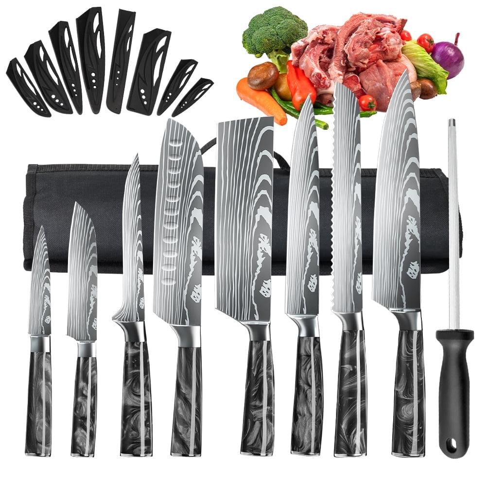 DFITO 8-Piece Kitchen Knife Set, Stainless Steel Professional Cutlery Knife with Sheaths, Storage Bag,Black Handle