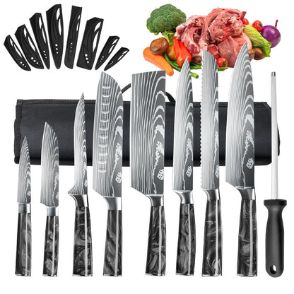 DFITO 8-Piece Kitchen Knife Set, Stainless Steel Professional Cutlery Knife with Sheaths, Storage Bag,Black Handle