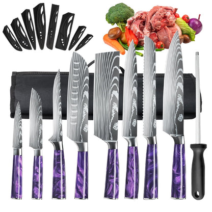 DFITO 8-Piece Kitchen Knife Set, Stainless Steel Professional Cutlery Knife with Sheaths, Storage Bag,Purple Handle