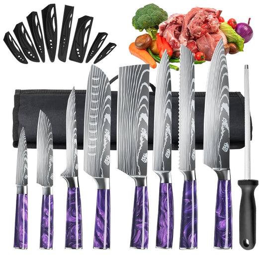 DFITO 8-Piece Kitchen Knife Set, Stainless Steel Professional Cutlery Knife with Sheaths, Storage Bag,Purple Handle